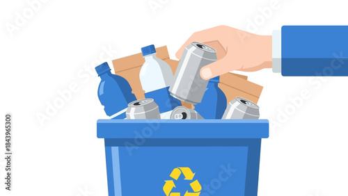 Hand sorting waste into recycling bin with cans and bottles in flat design