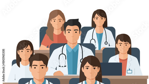 Medical team meeting with doctors and healthcare professionals in flat style