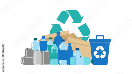 Recycling icons: bottles, cans, and bins in flat eco-friendly design