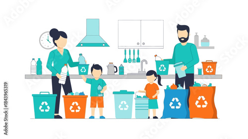 Family practicing recycling in kitchen with colorful bins and waste separation