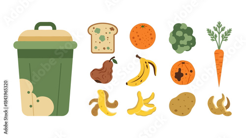 Flat style organic waste collection featuring compostable food items and recycling bin