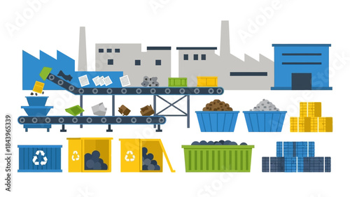 Industrial recycling process with conveyor belt and factory buildings in flat design
