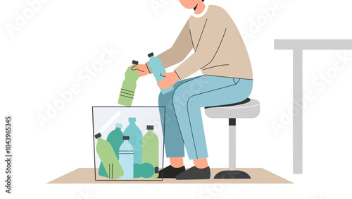 Person sorting plastic bottles for recycling in minimalist style