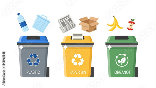 Recycling bins with waste management symbols for plastic, paper, and organic sorting