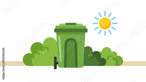 Eco-friendly waste management concept with sun and recycling bin