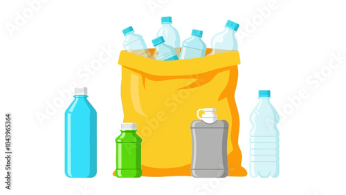 Colorful collection of plastic bottles in a yellow bag on white background