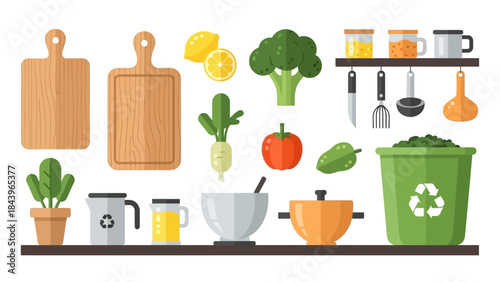 Eco-friendly kitchen essentials with flat design elements for sustainable living