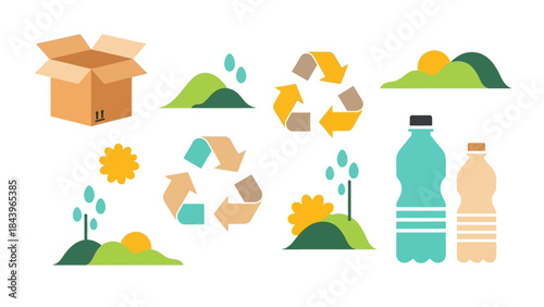 Eco-friendly symbols and elements featuring recycling arrows, cardboard box, nature, and bottles in flat design