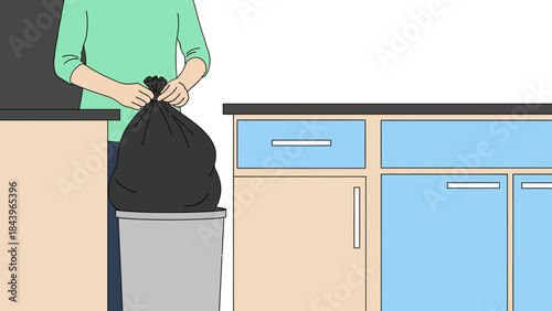 Organizing kitchen: person disposing of trash in modern home environment