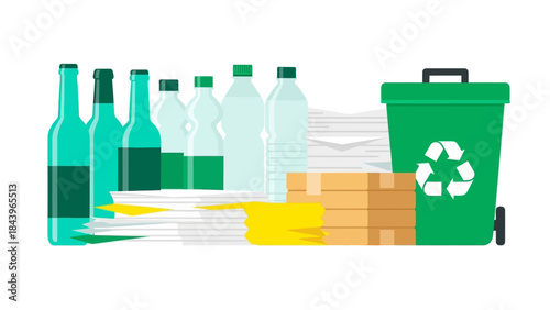 Recycling concept with bottles, paper, and bin on white background