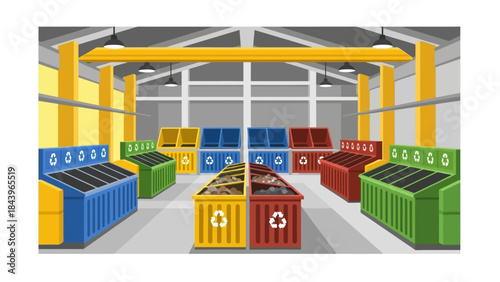 Colorful waste sorting facility interior with recycling bins for efficient waste management