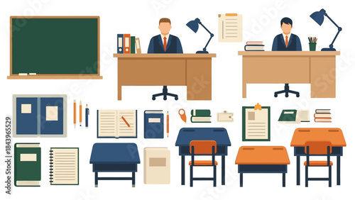 Classroom essentials set with desks, supplies, and blackboard in flat design