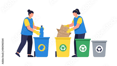 People sorting recyclable waste in flat design for environmental awareness campaigns