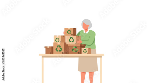 Eco-friendly packaging concept with woman organizing recyclable boxes on table