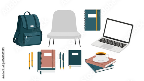 Modern workspace essentials: minimalist chair, laptop, and stationery for home office