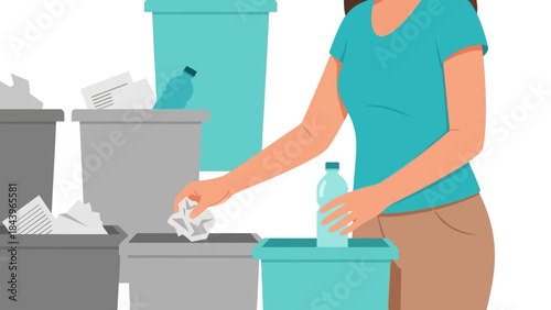 Woman practicing recycling with bins and waste: eco-friendly lifestyle concept