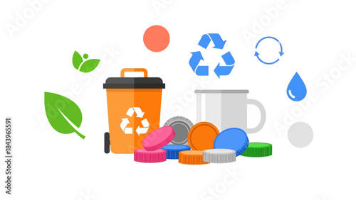 Eco-friendly waste management: recycling symbols and colorful caps in flat design