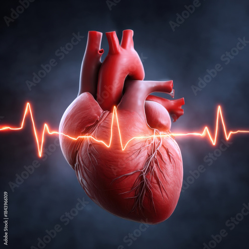 Realistic human heart with glowing electrocardiogram line overlay, detailed anatomy and coronary vessels illustrating myocardial infarction concept and cardiac monitoring urgency