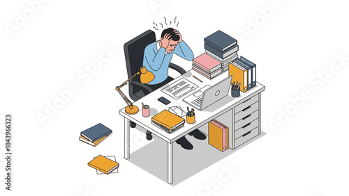 Isometric illustration of stressed office worker at cluttered desk with books and laptop