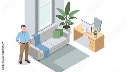 Isometric modern office interior with businessman, desk, and plants