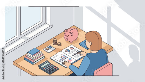 Flat style office desk with financial charts, coins, and piggy bank in daylight