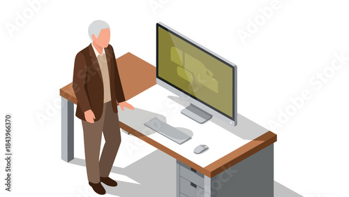 Isometric office scene with businessman at modern desk and computer