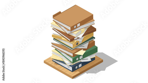 Isometric stack of office file folders on wooden tray