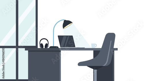 Modern workspace with laptop and lamp on desk in minimalist style