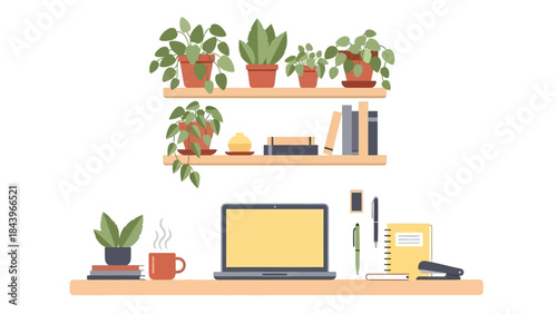 Cozy home workspace with plants, books, and laptop on shelves