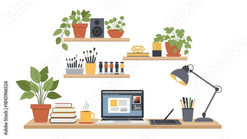 Modern home office workspace with plants and art supplies on wooden shelves