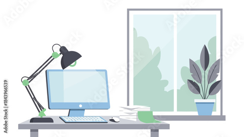 Minimalist office workspace with computer and desk lamp by window