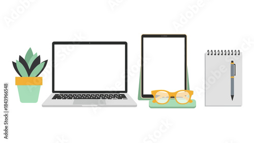 Modern workspace essentials with laptop, tablet, and accessories