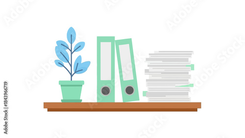 Organized workspace with potted plant, ring binders, and stacked documents on wooden shelf