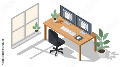 Modern home office setup with dual monitors and wooden desk in minimalist isometric style