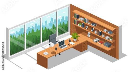 Modern isometric office workspace with scenic window view and wooden furniture
