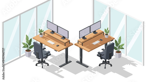 Modern office workspace with ergonomic desks and dual monitors in bright isometric style