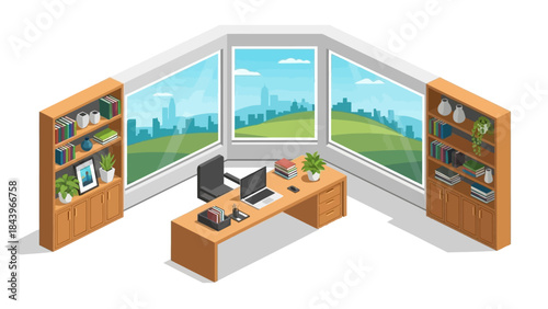 Modern office desk with computer in bright room with city view and bookshelves