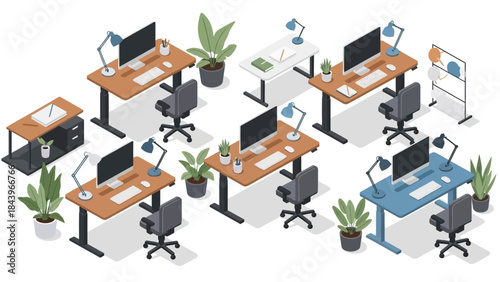 Modern isometric office desks with plants and computers for workspace design
