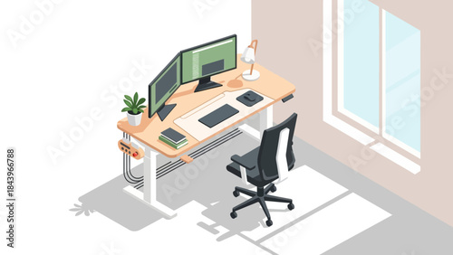 Modern home office workspace with dual monitors and ergonomic chair in isometric style