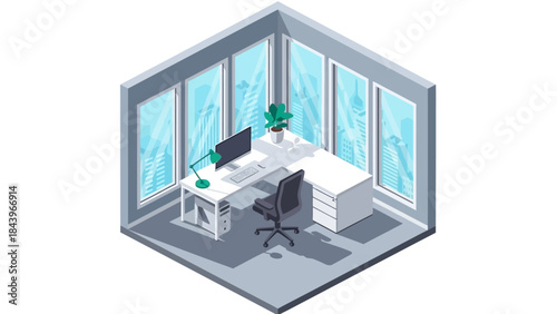 Modern isometric home office with city view from large windows