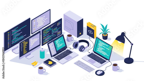Modern isometric home office workspace with computers and programming code