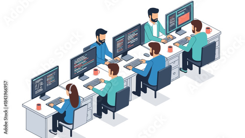 Collaborative office environment with team of programmers working at computers in modern workspace