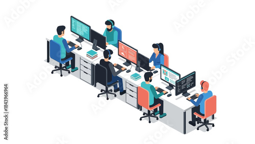 Isometric office scene with diverse team working at desks on computers