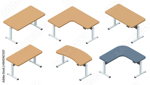 Isometric office desks collection: modern adjustable designs in various shapes and colors
