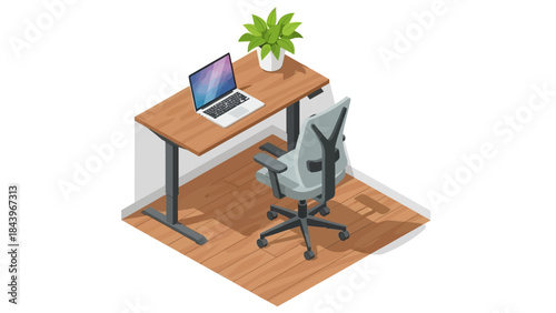 Modern workspace with laptop on wooden desk and ergonomic chair in isometric design