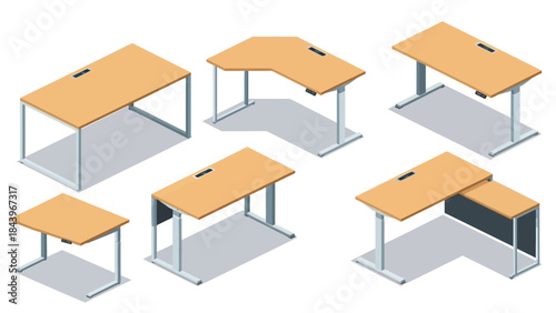 Modern office desks set in isometric style with different shapes and configurations for workspace design