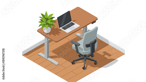 Modern office workspace with laptop and plant on adjustable desk