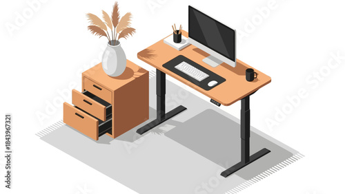 Isometric home office desk scene with computer, drawers, and decor elements in modern style
