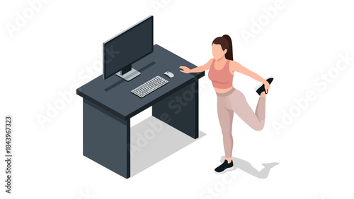 Woman exercising at desk in modern office isometric style