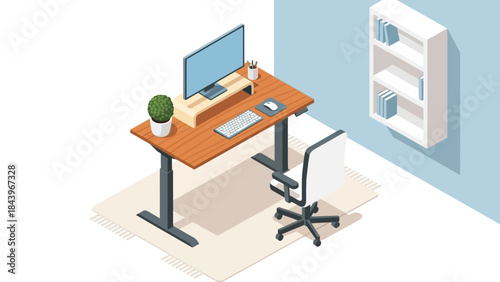 Modern home office isometric design with desk, chair, and computer setup